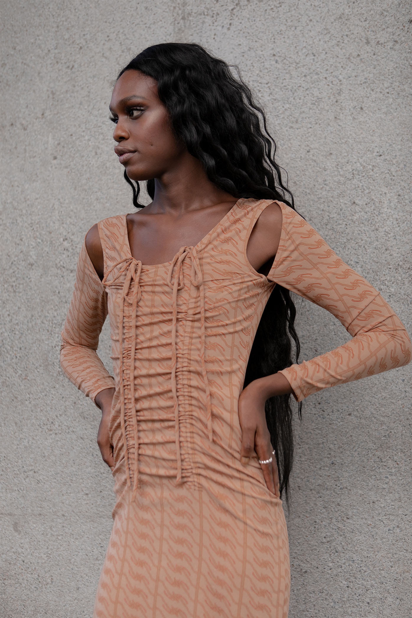 Model wearing the "Chloe Dress" for the summer 22/23 Matte collection