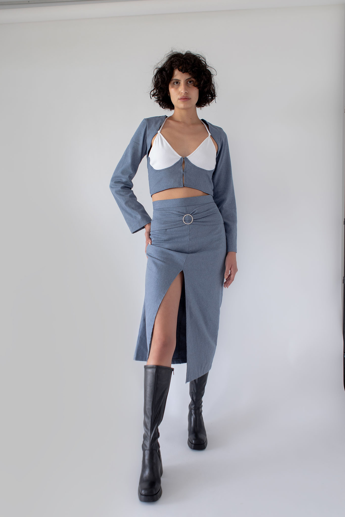 Model wearing the full Cowboy Denim Set at the studio, for the Summer 23/24 Matte Collection