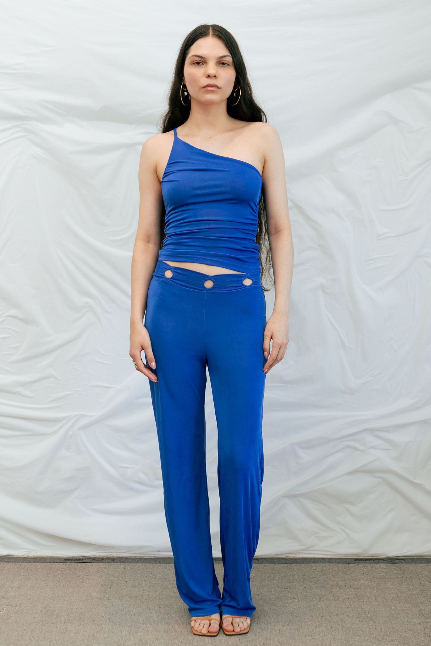 Model wearing the full "Moreno" blue lycra set for the Spring/Summer 23 Matte collection.